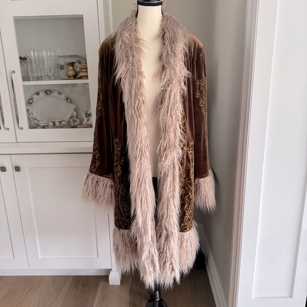 Free People Moon Glow Velvet Coat Jacket Gold Rust Fur Trim Size Large - Picture 2 of 11